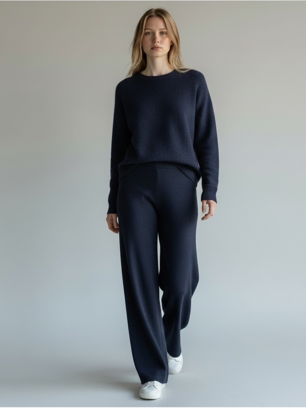 Vintage Eileen Fisher 100% Merino Wool Wide Leg Knit Sweater Pants Navy Medium